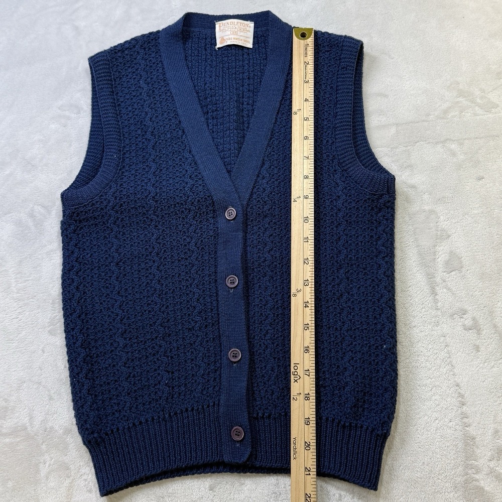Vintage Pendleton Wool Cable Knit V-Neck Sweater Vest Navy Blue Mens Small 34 - Picture 7 of 9